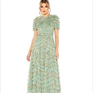 Mac Duggal Ruffled Midi Dress in Mint